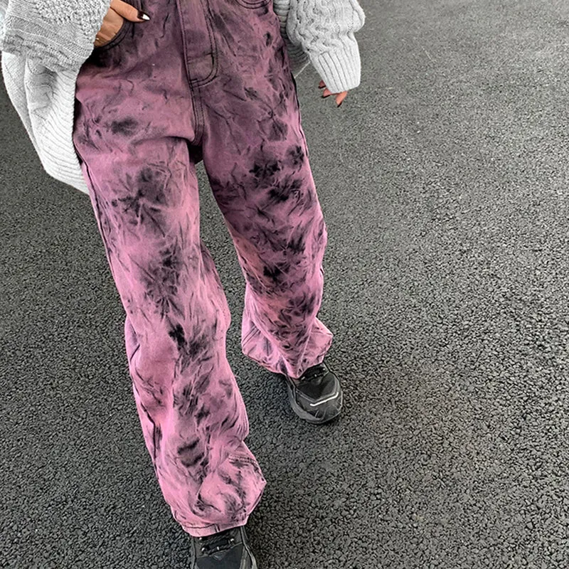 Autumn Color Denim Jeans Chic Boyfriend  Straight Cut Paint Splash Style Tie Dye Denim Jeans for Women