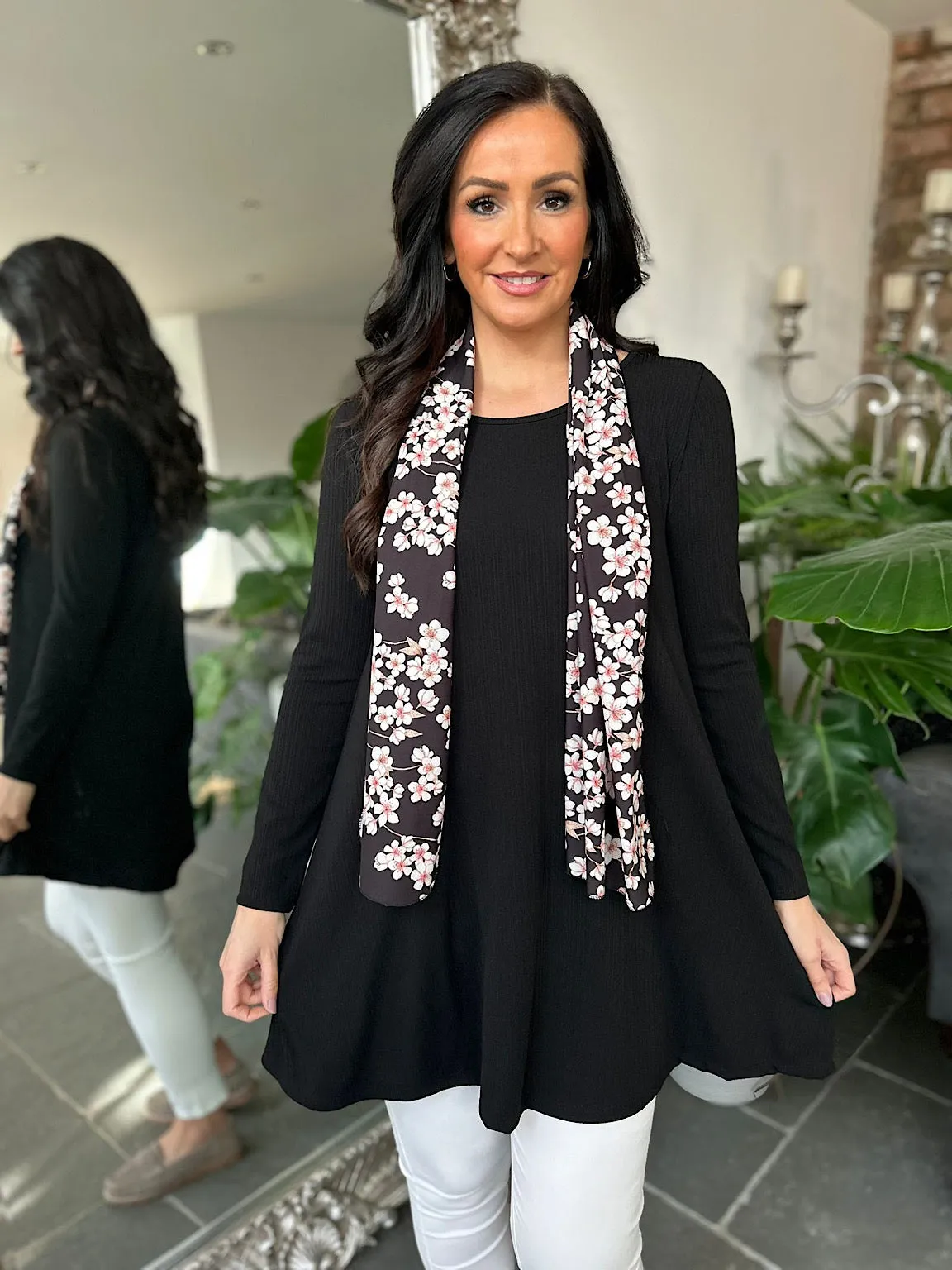 Black Floral Scarf Longline Top Tiana