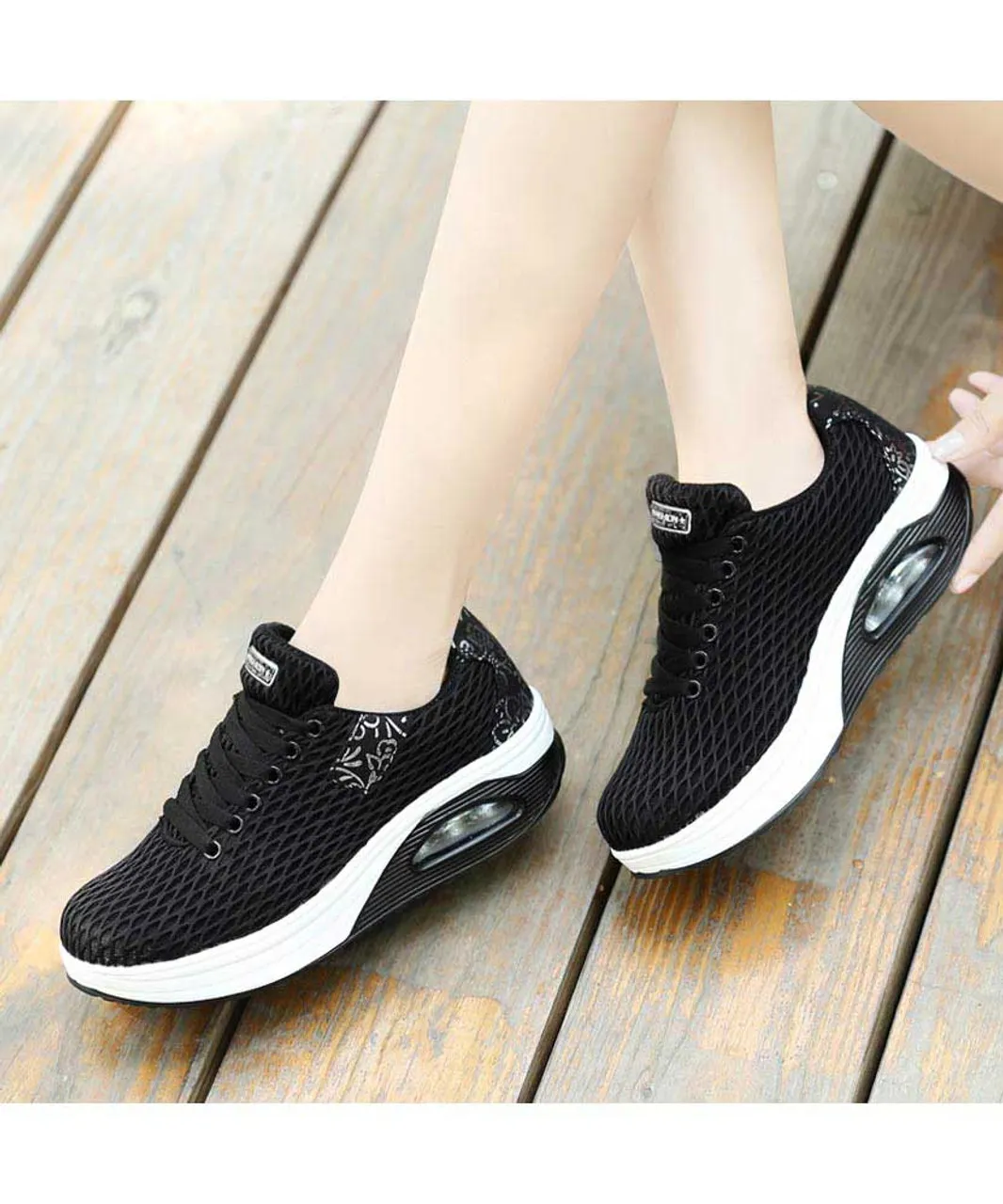 Black pattern check rocker bottom shoe sneaker