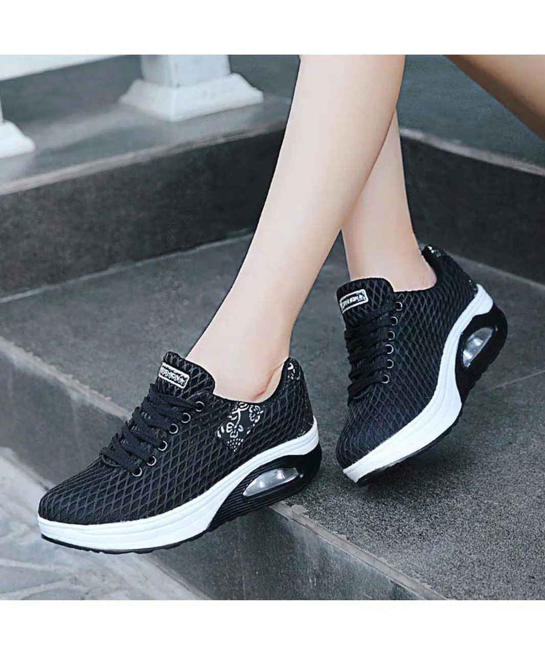 Black pattern check rocker bottom shoe sneaker