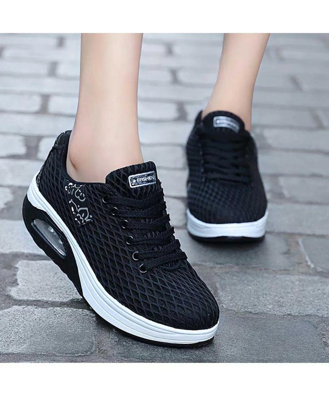 Black pattern check rocker bottom shoe sneaker