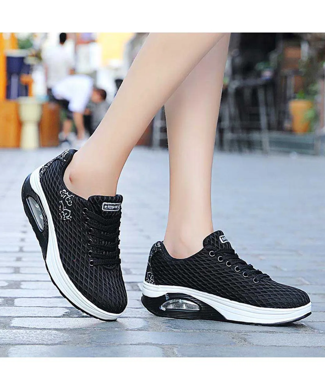 Black pattern check rocker bottom shoe sneaker