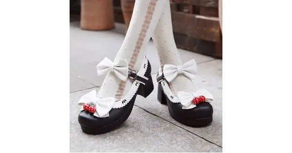 Black White Strawberry Bells Bow Lace Trim Lolita Sweet Mary Jane Heels Shoes