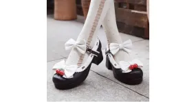 Black White Strawberry Bells Bow Lace Trim Lolita Sweet Mary Jane Heels Shoes