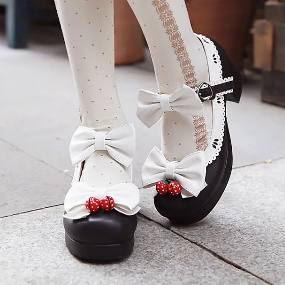 Black White Strawberry Bells Bow Lace Trim Lolita Sweet Mary Jane Heels Shoes