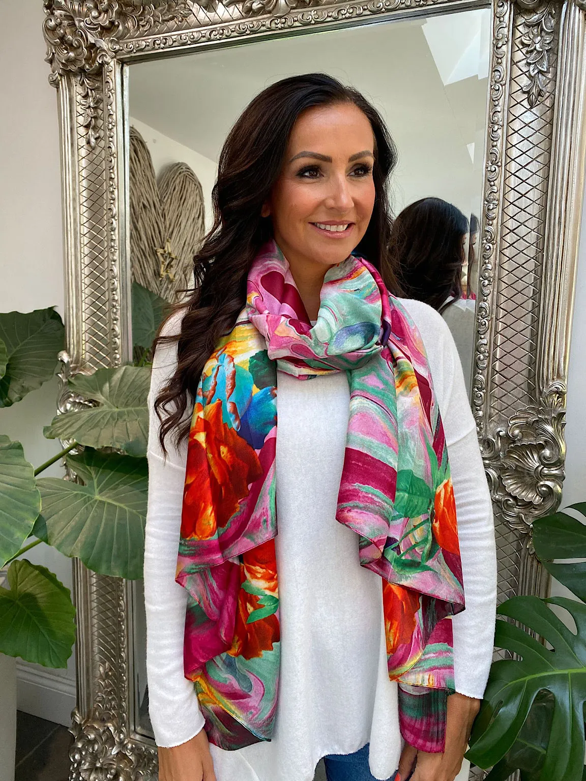 Bright Floral Multi Patterned Silk Style Scarf