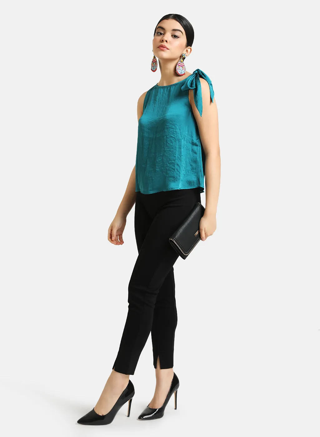 Cowl Neck Top With Shoulder Tieknot