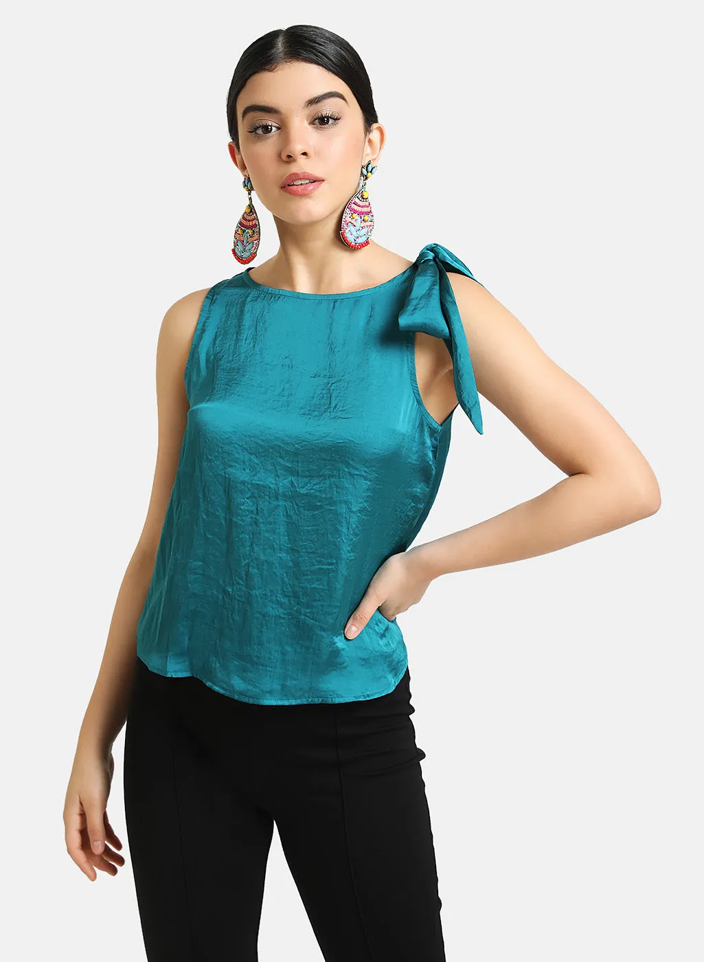 Cowl Neck Top With Shoulder Tieknot