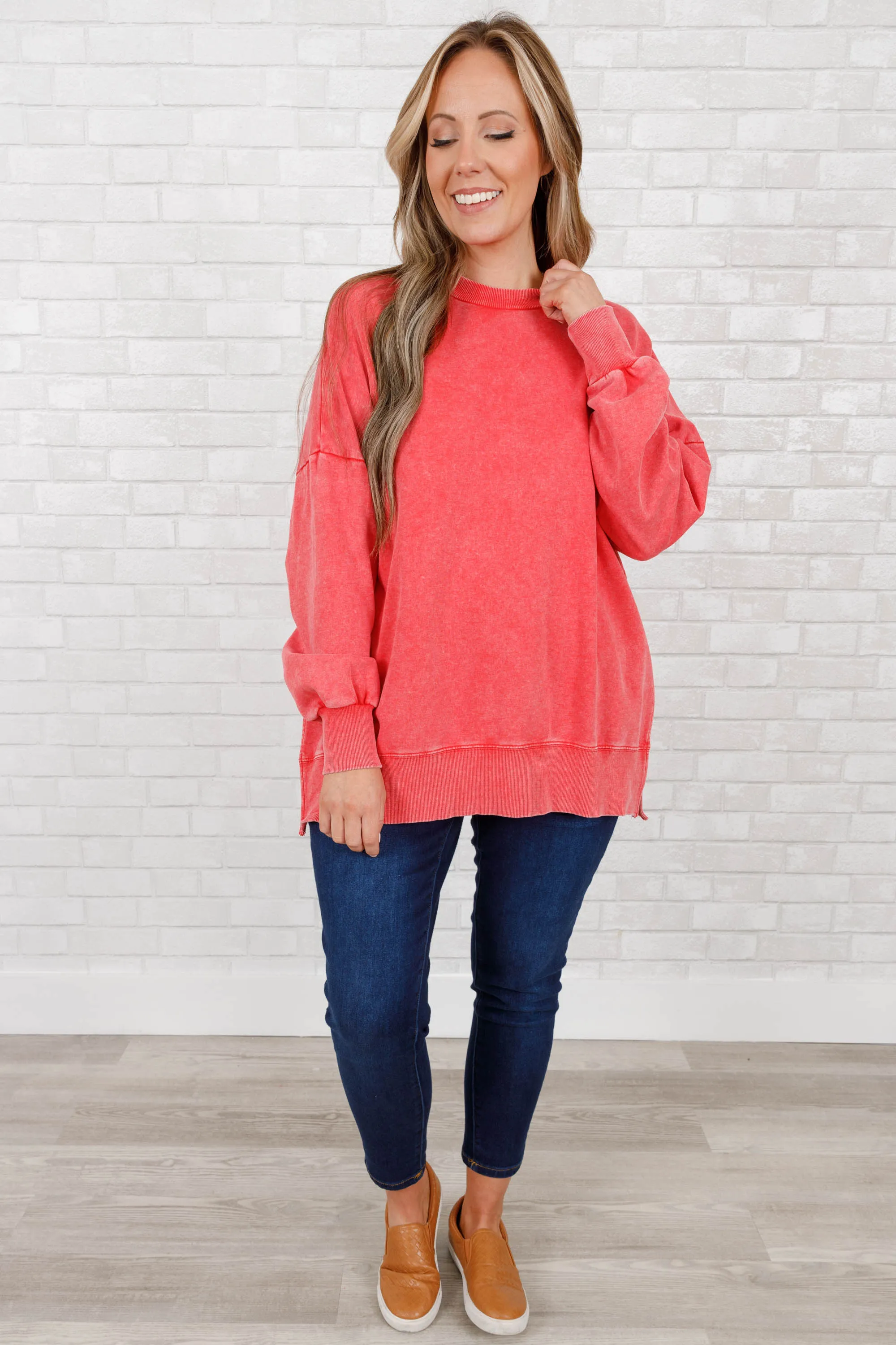 Cozy Crewneck Pullover, Ruby