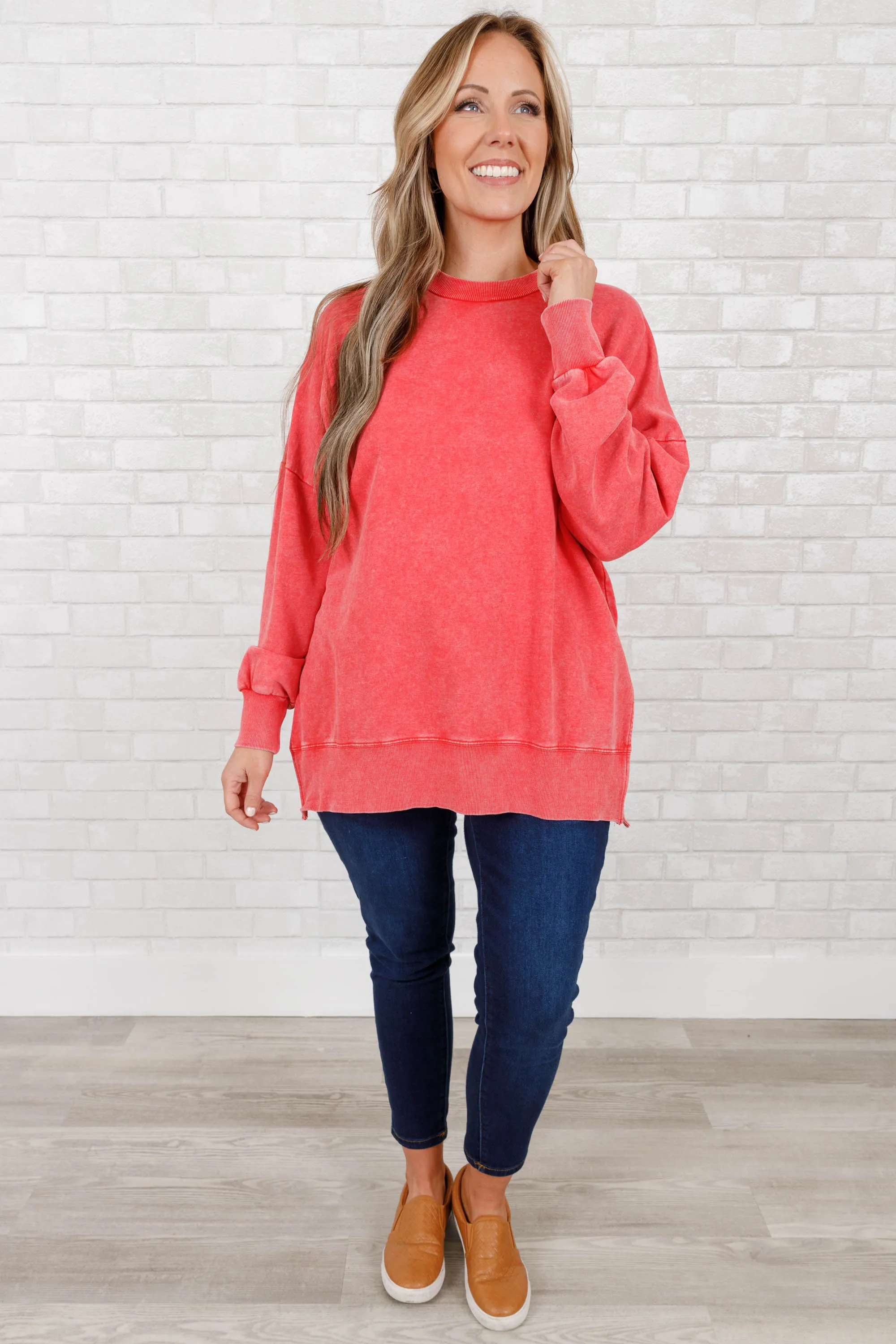 Cozy Crewneck Pullover, Ruby