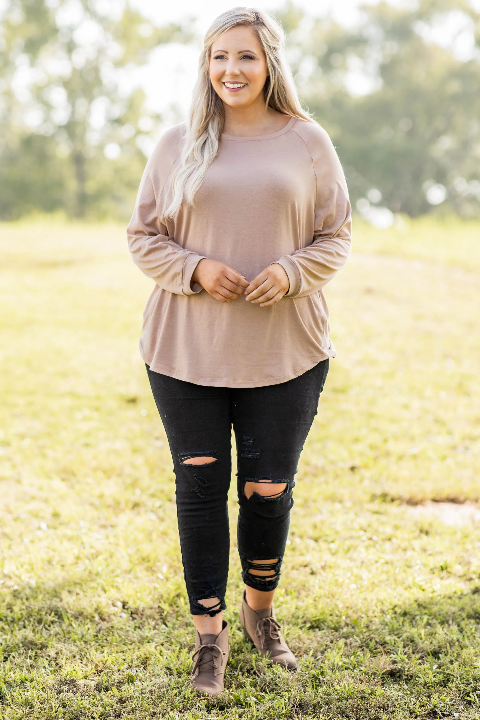 Curved Hem Slouchy Dolman Tunic, Warm Taupe