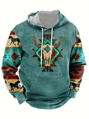 Ethnic Pattern Print Hoodie, Cool Hoodies For Men, Men's Casual Graphic Design Hooded Sweatshirt Streetwear For Winter Fall, As 