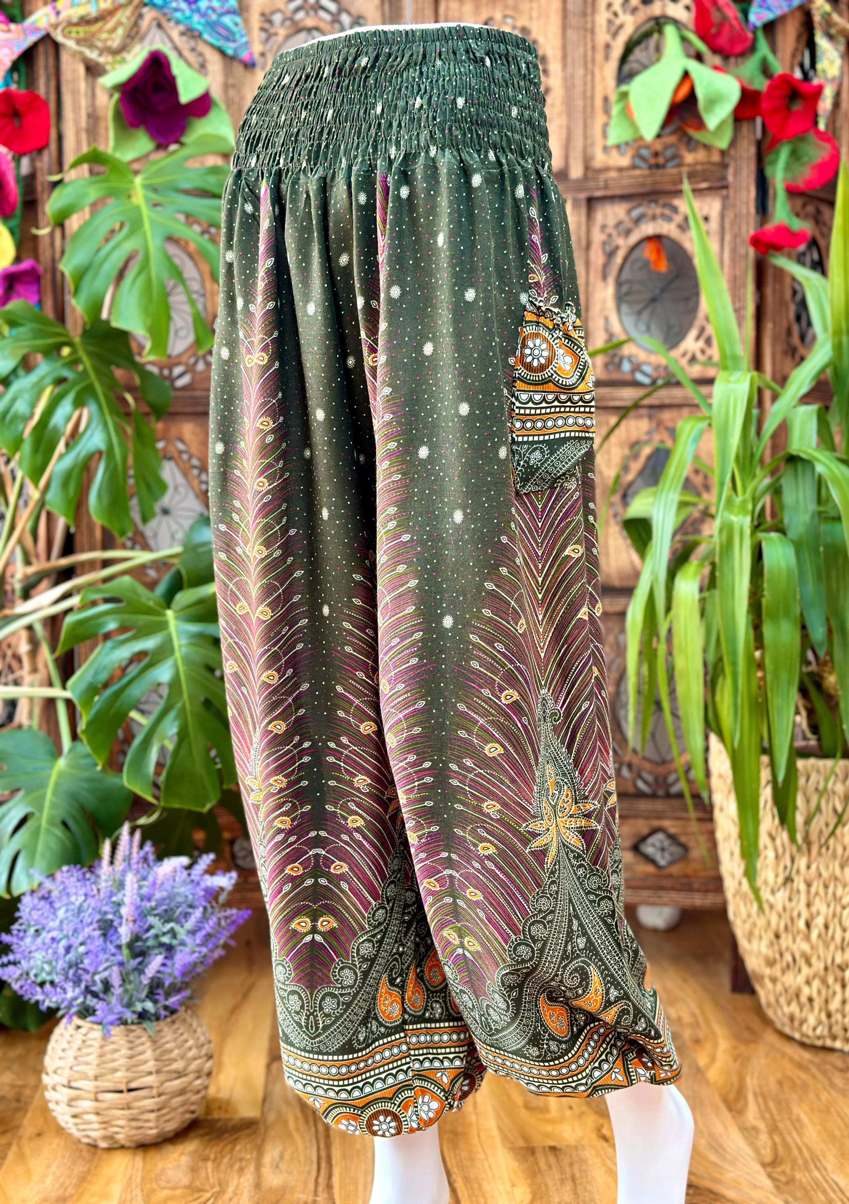 FOREST GREEN FEATHER HAREM TROUSERS