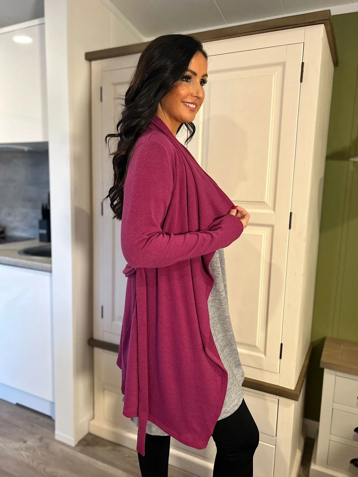 Grape Waterfall Belted Cardigan Delaney