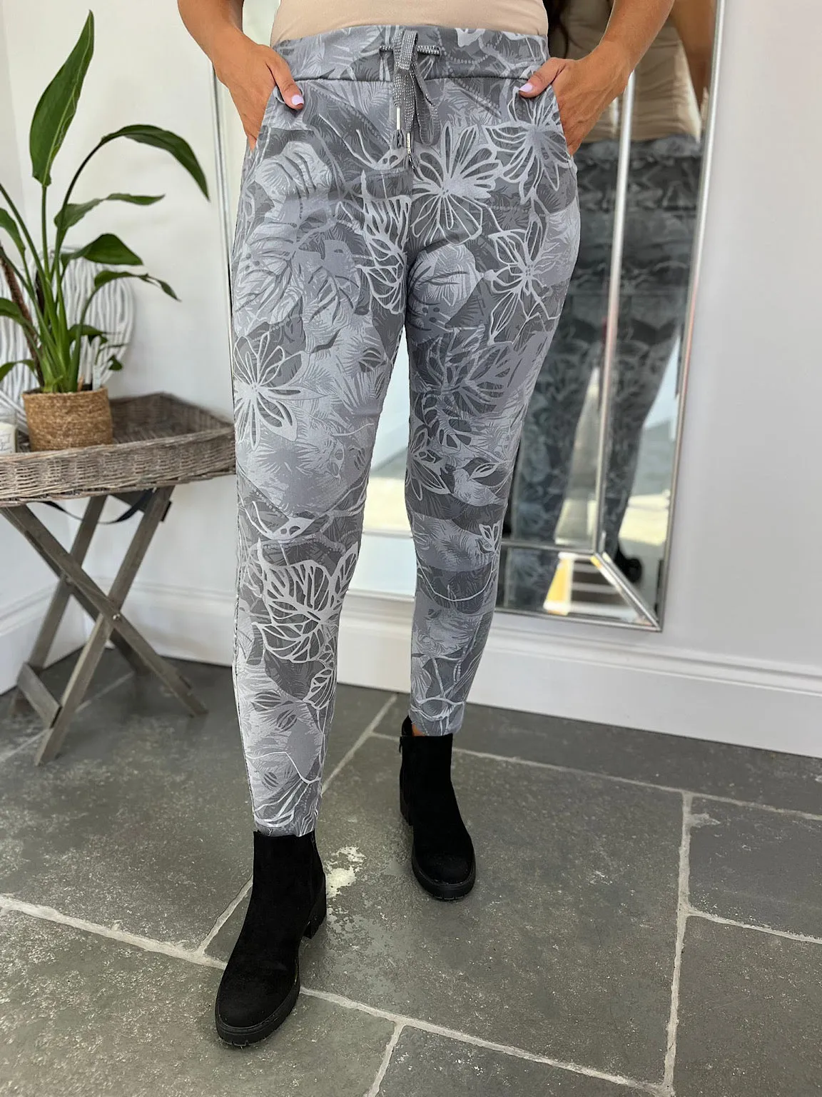 Grey Leaf Print Magic Trousers