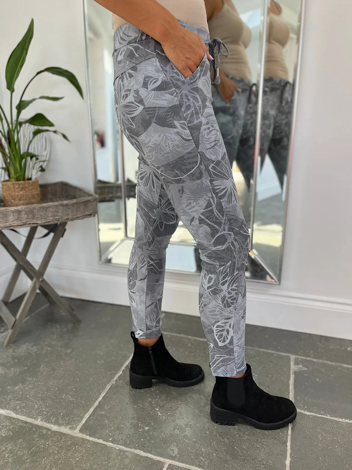 Grey Leaf Print Magic Trousers