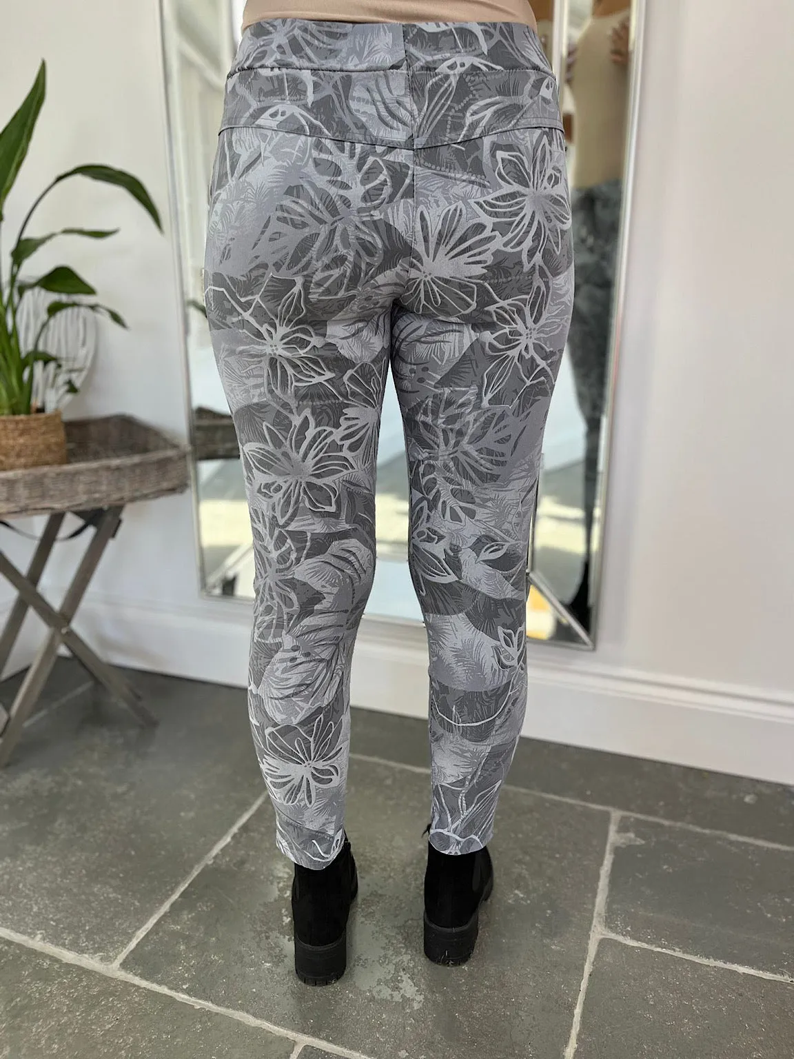 Grey Leaf Print Magic Trousers