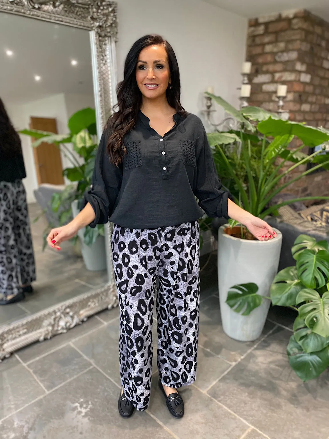 Grey Leopard Wide Leg Trousers