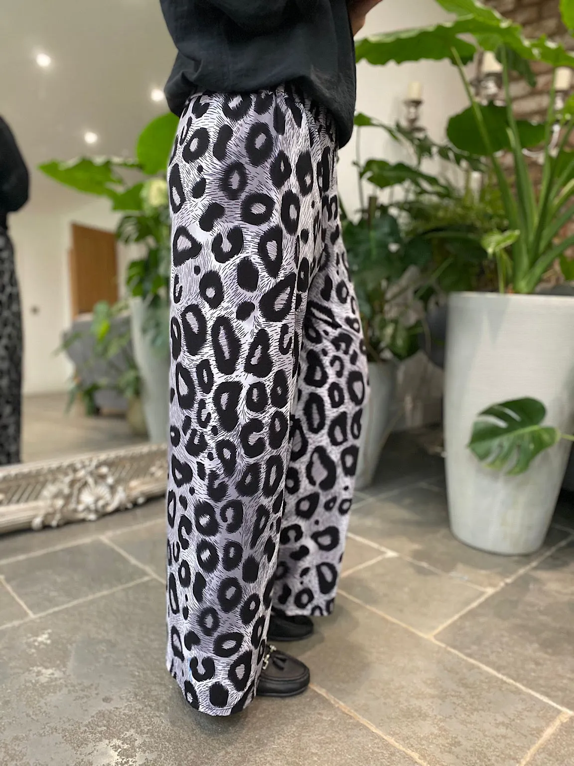 Grey Leopard Wide Leg Trousers