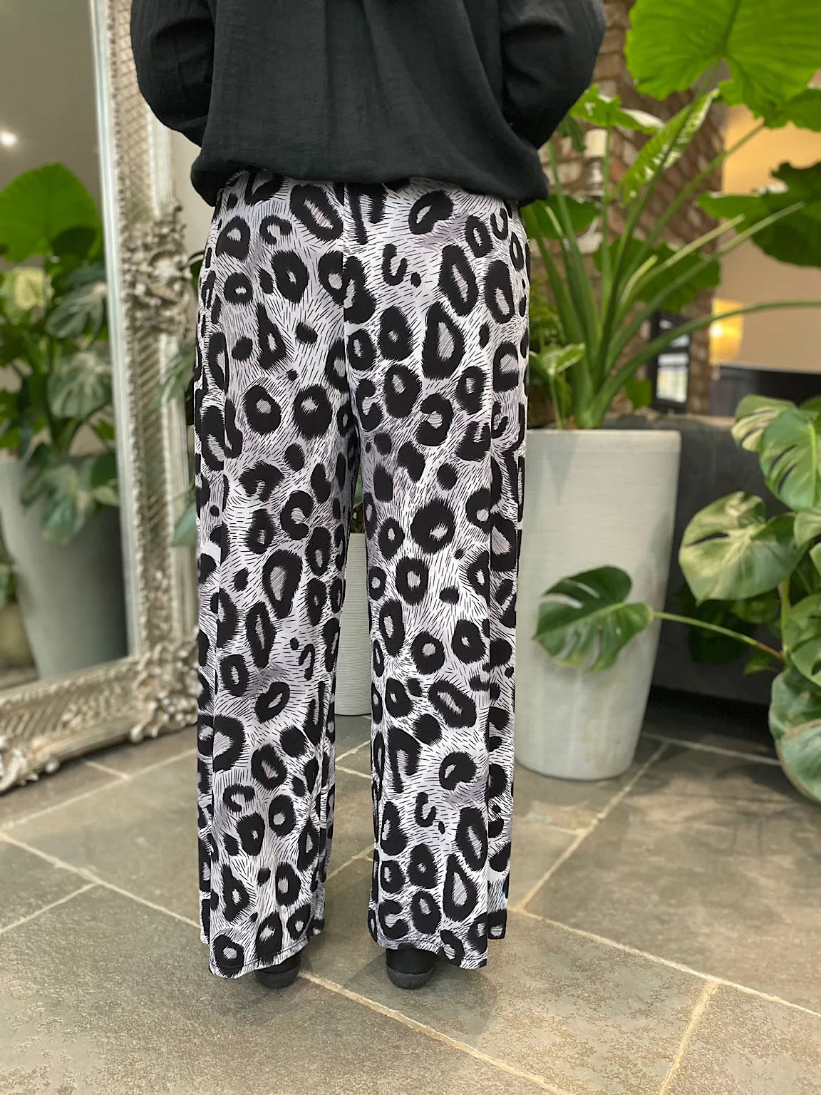 Grey Leopard Wide Leg Trousers