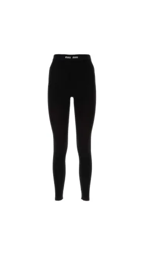 High Waist Logo Band Ribbed Leggings - Black