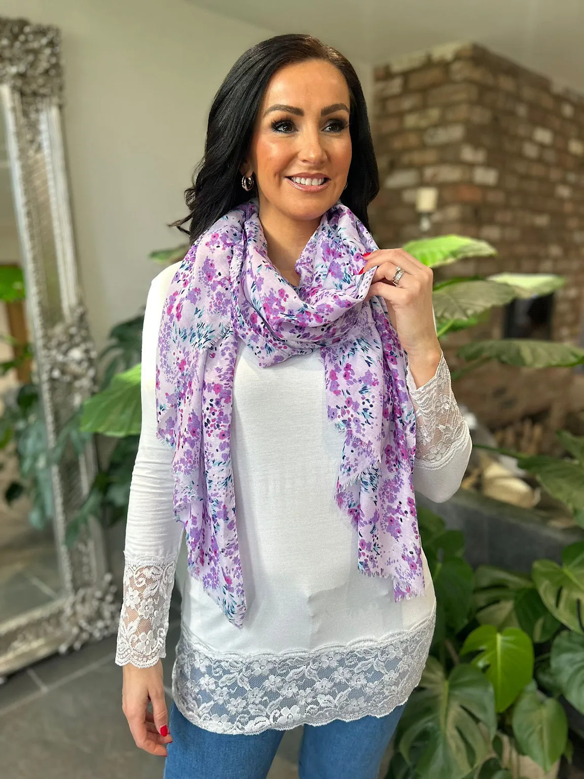 Lilac Spring Floral Raw Edge Scarf