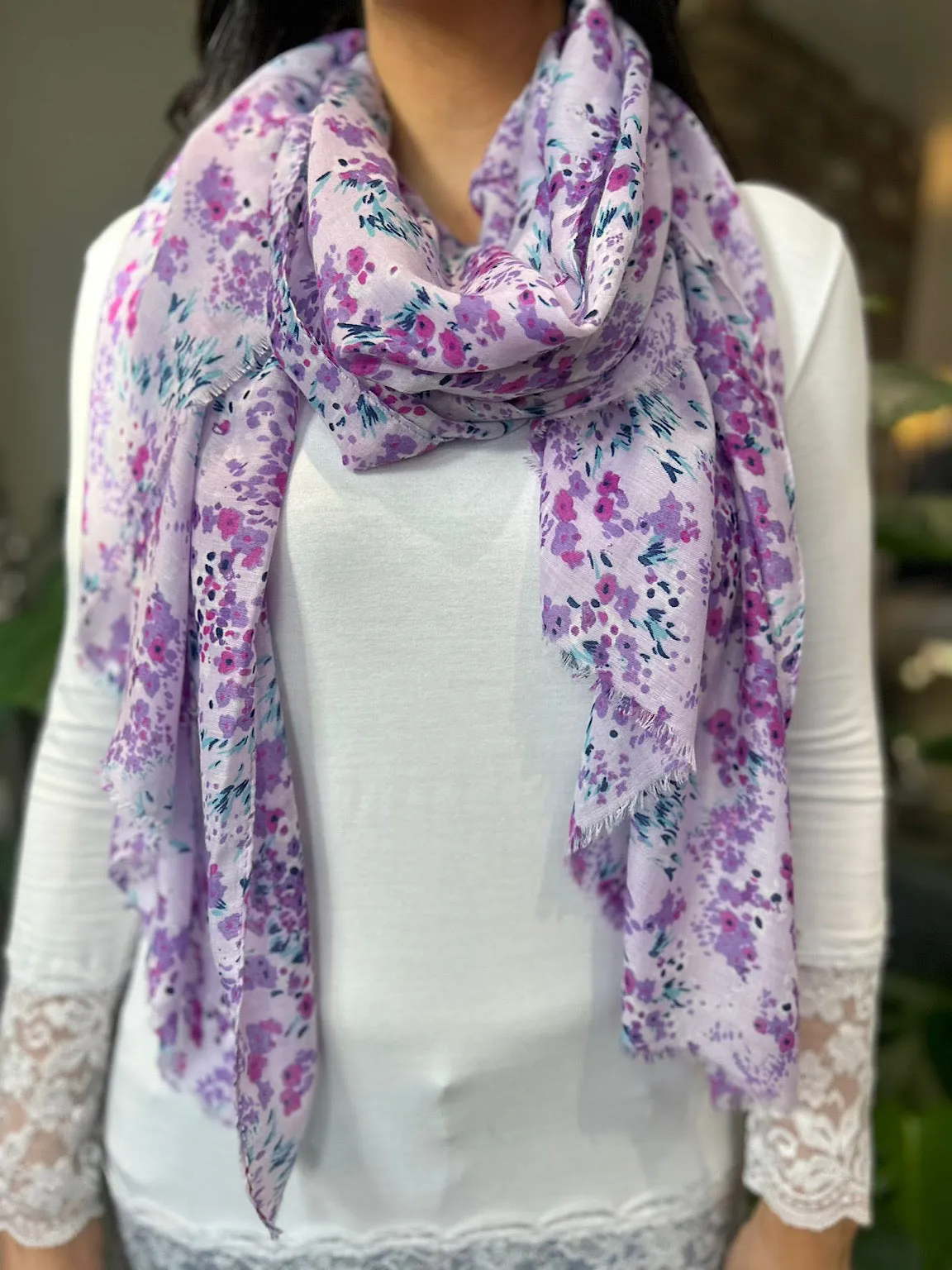 Lilac Spring Floral Raw Edge Scarf