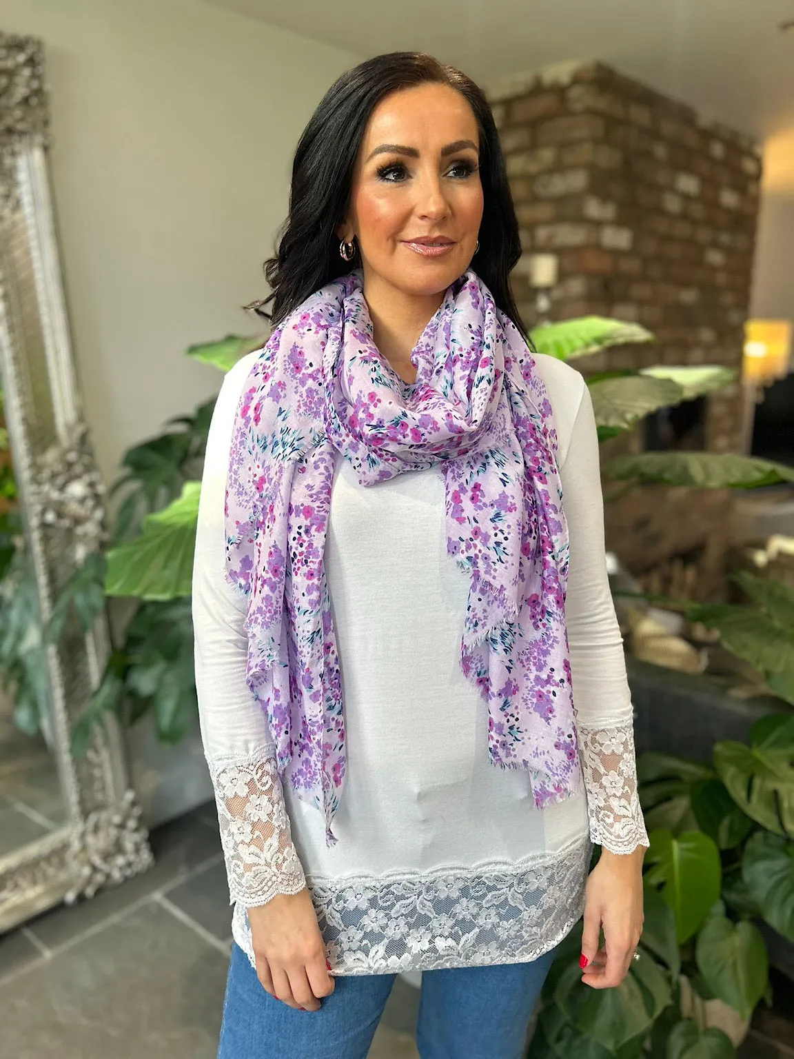 Lilac Spring Floral Raw Edge Scarf