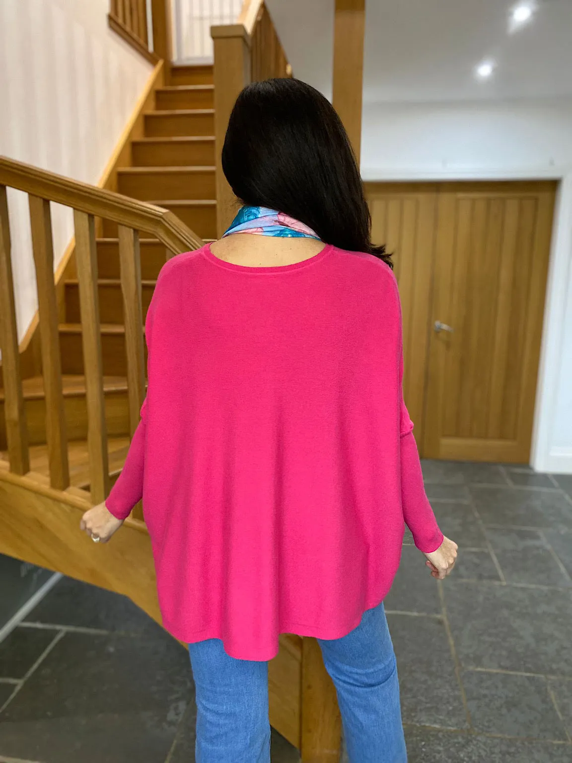 Lipstick Pink Ribbed Sleeve Round Neck Knit Hayley