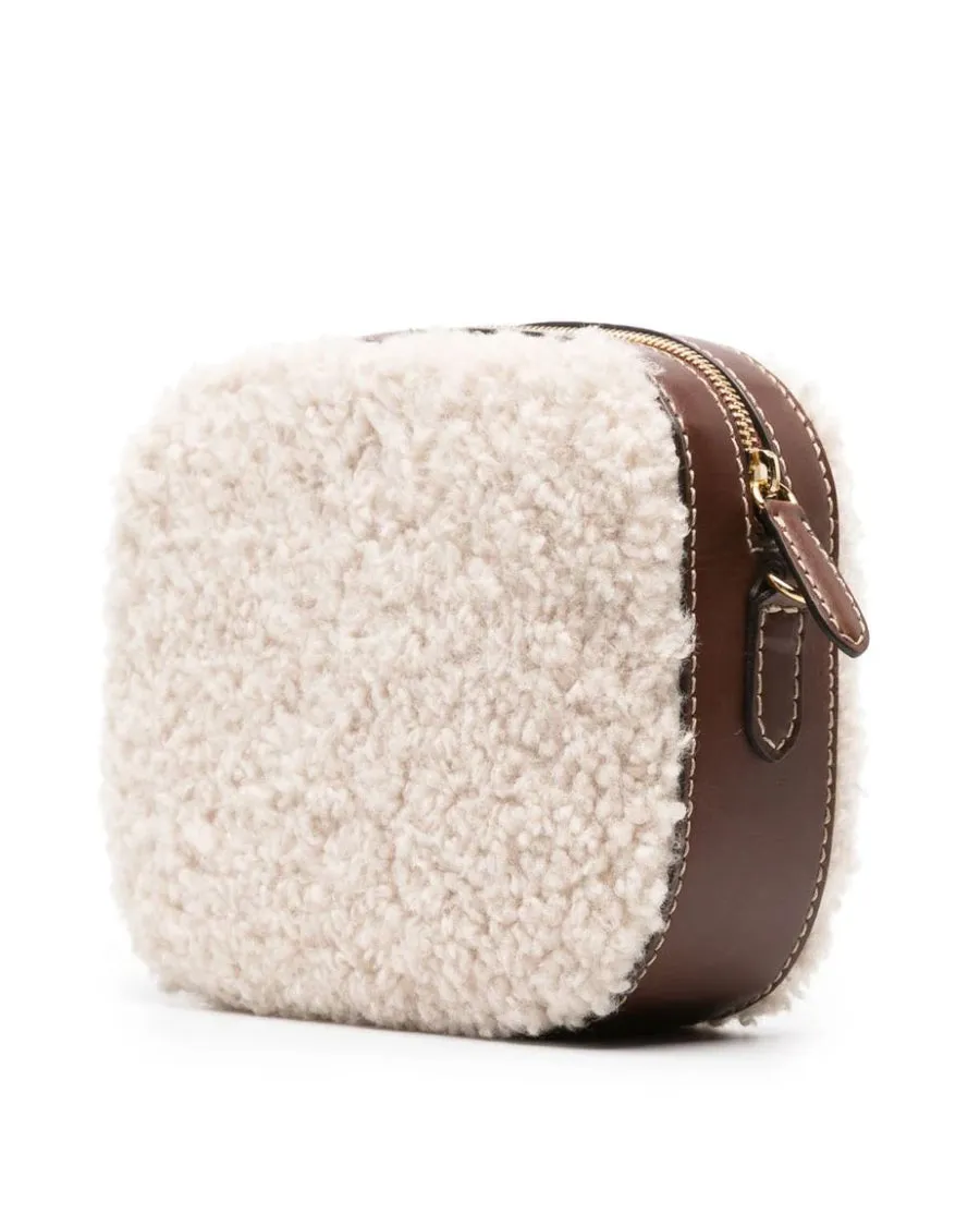 Logo Patch Faux Fur Camera Bag in Oat