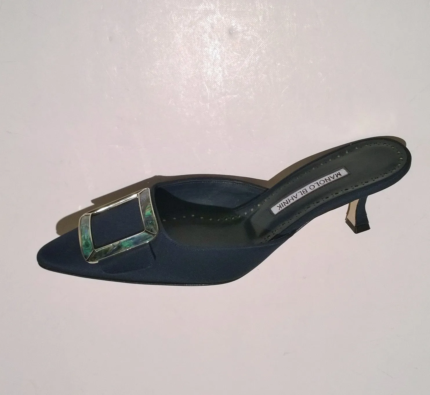 Manolo Blahnik Maysale 50 Navy Crepe Heels with Mother of Pearl Buckle Mules Blue Shoes