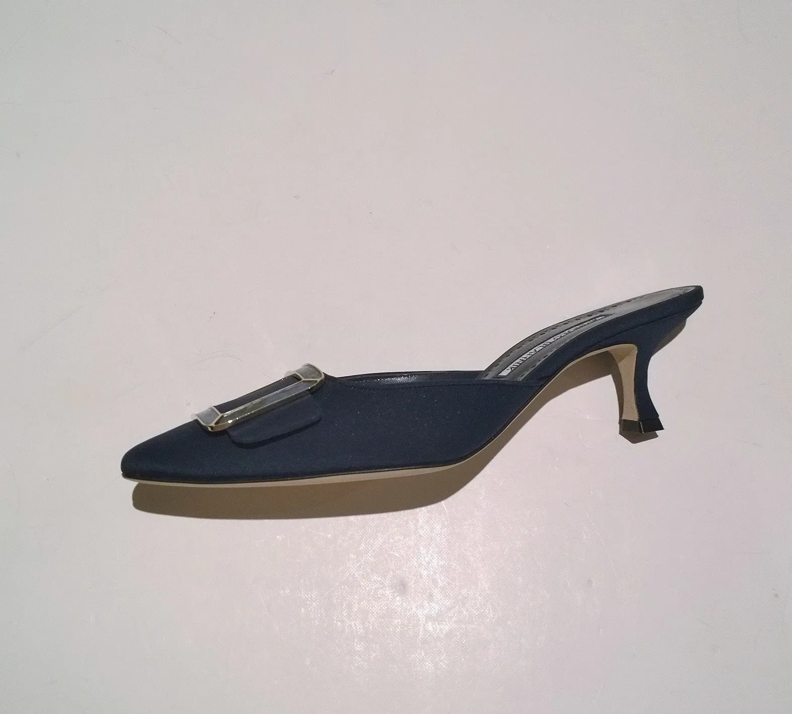 Manolo Blahnik Maysale 50 Navy Crepe Heels with Mother of Pearl Buckle Mules Blue Shoes