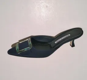 Manolo Blahnik Maysale 50 Navy Crepe Heels with Mother of Pearl Buckle Mules Blue Shoes