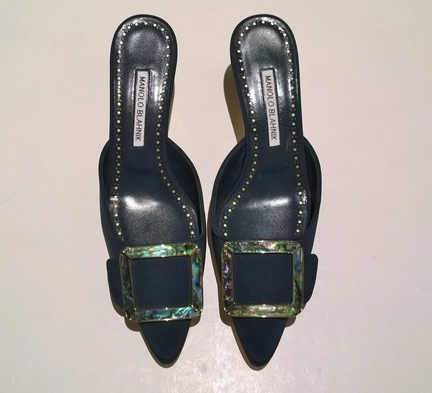 Manolo Blahnik Maysale 50 Navy Crepe Heels with Mother of Pearl Buckle Mules Blue Shoes