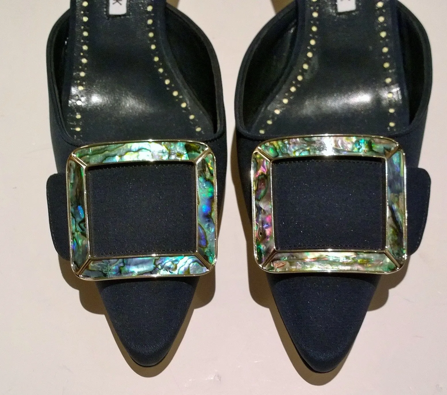 Manolo Blahnik Maysale 50 Navy Crepe Heels with Mother of Pearl Buckle Mules Blue Shoes