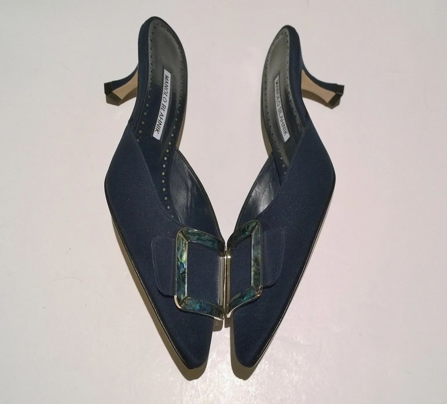 Manolo Blahnik Maysale 50 Navy Crepe Heels with Mother of Pearl Buckle Mules Blue Shoes