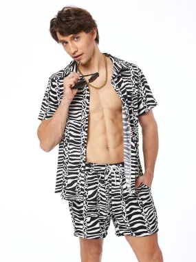 Men's Activewear 2-Piece Printed Short Sleeves Turndown Collar Black