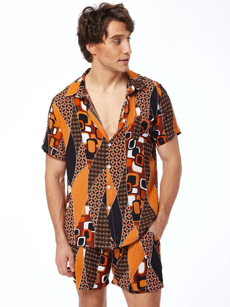 Men's Activewear 2-Piece Printed Short Sleeves Turndown Collar Orange