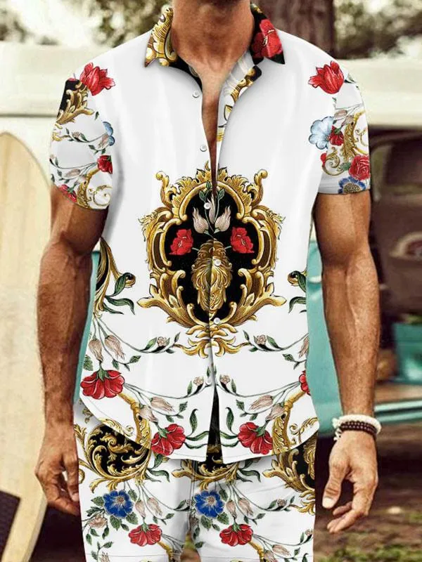 Men's Activewear 2-Piece Printed Short Sleeves Turndown Collar White