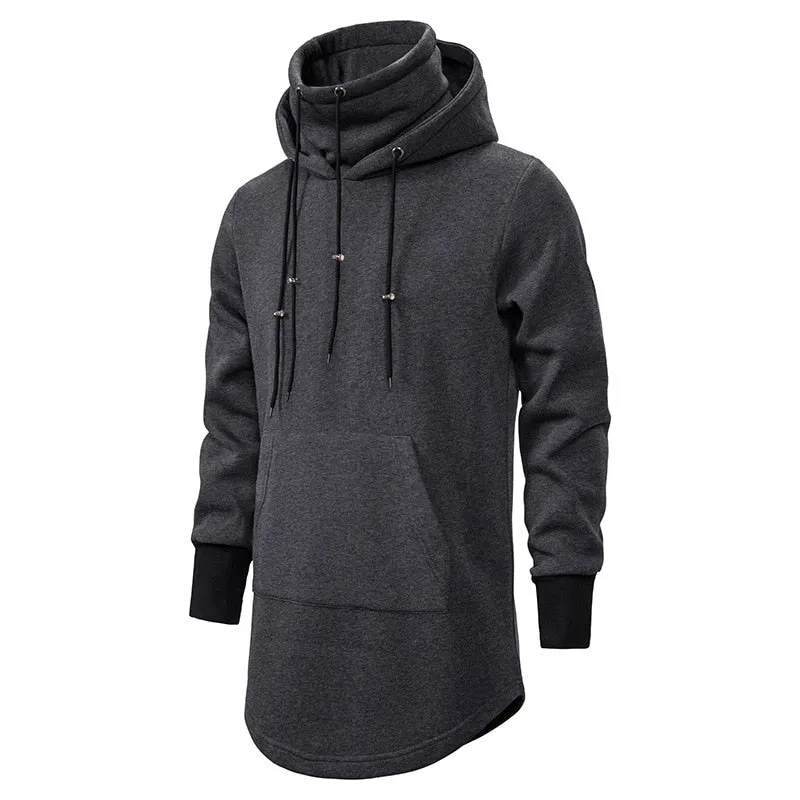 Men's Polyester Long Slim Fit High Collar Extend Curved Hem Hoodie