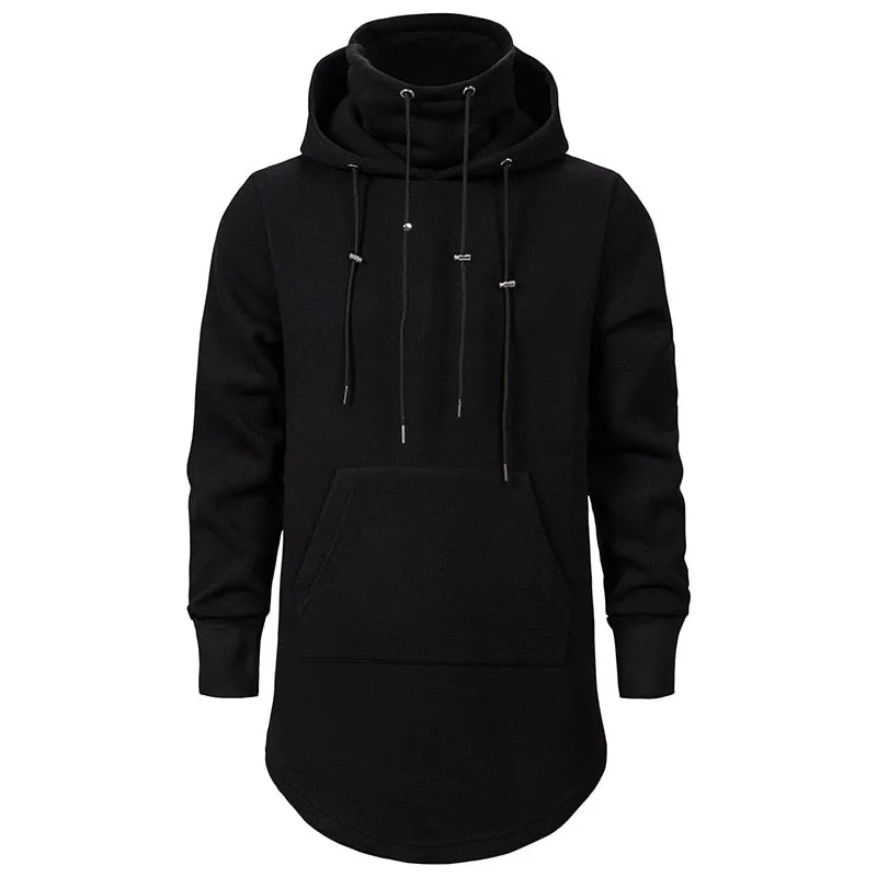 Men's Polyester Long Slim Fit High Collar Extend Curved Hem Hoodie