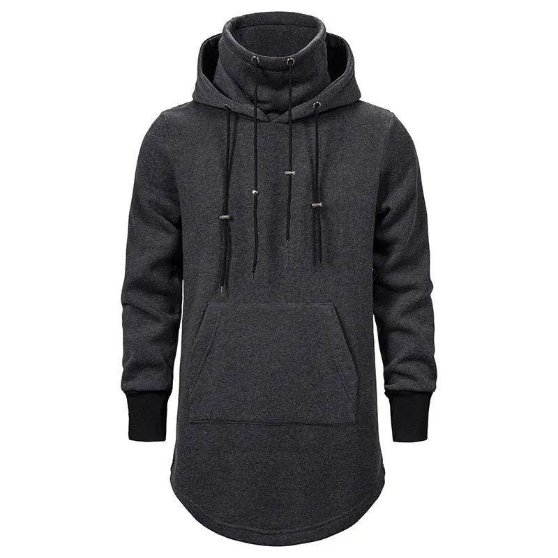 Men's Polyester Long Slim Fit High Collar Extend Curved Hem Hoodie