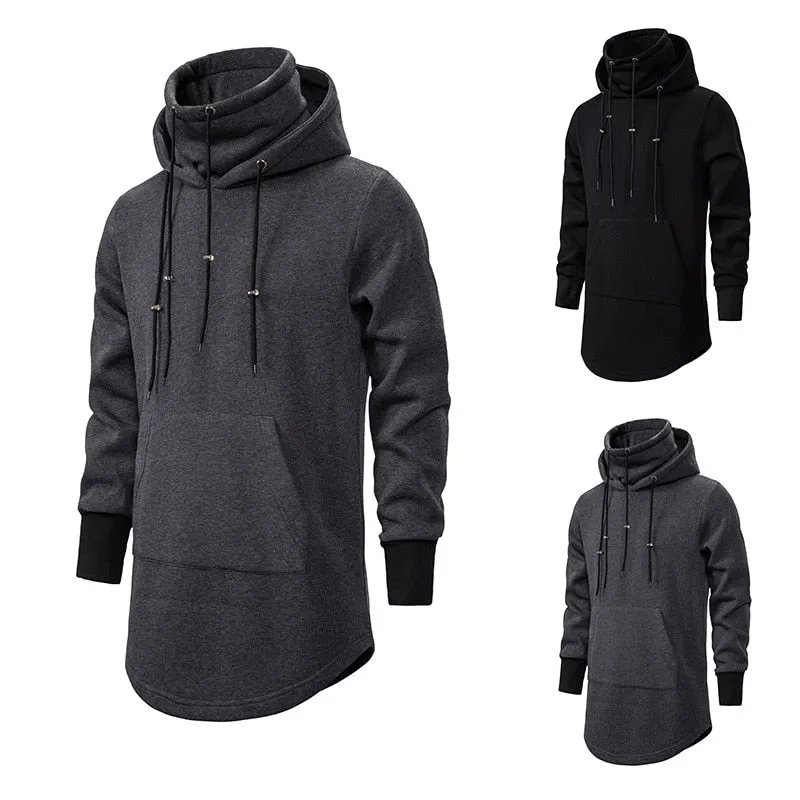 Men's Polyester Long Slim Fit High Collar Extend Curved Hem Hoodie