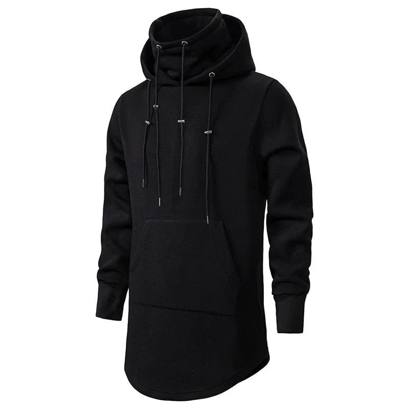 Men's Polyester Long Slim Fit High Collar Extend Curved Hem Hoodie