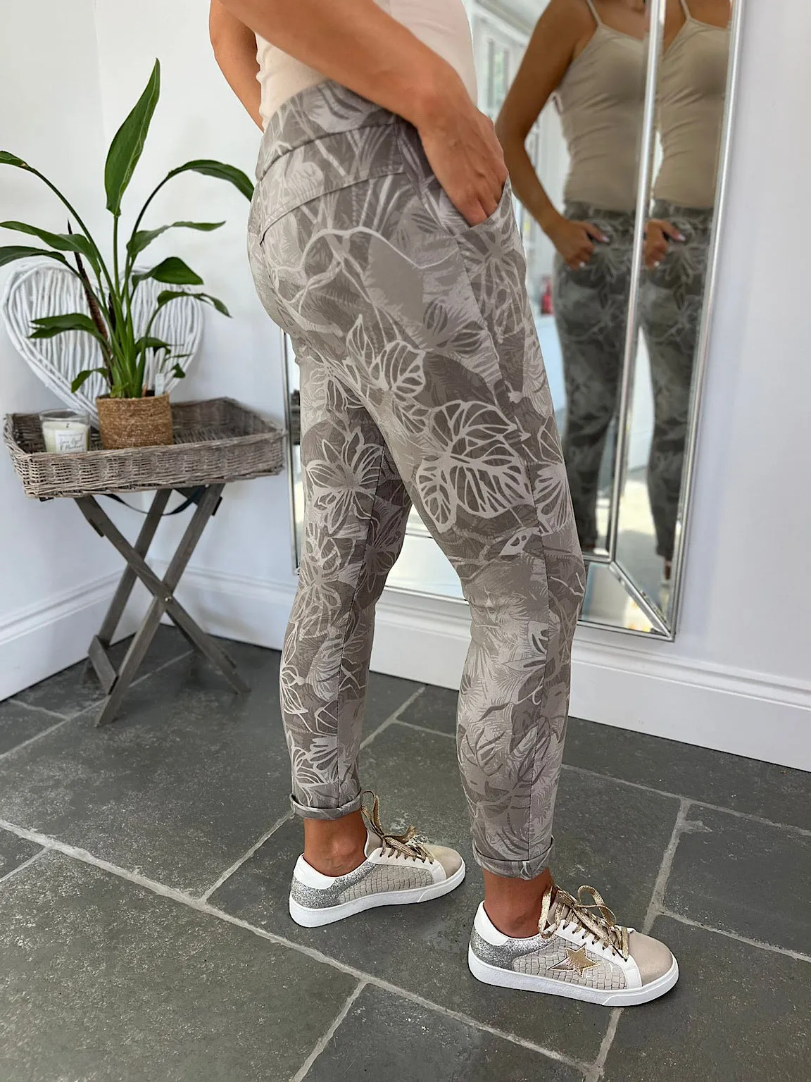 Mocha Leaf Print Magic Trousers