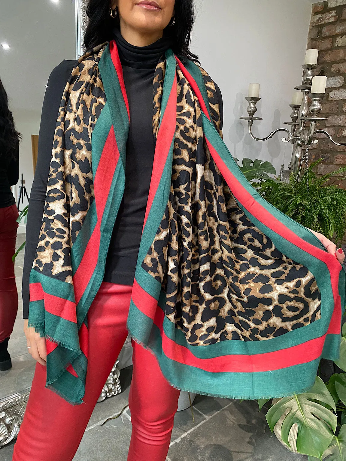 Natural Frayed Style Leopard Print Scarf