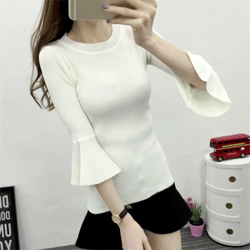 New Autumn Winter Female Striped Sweater Plus Size Thin Knitted Three Quarters Flare Sleeve O-neck Pullovers Hot  71787 SM6