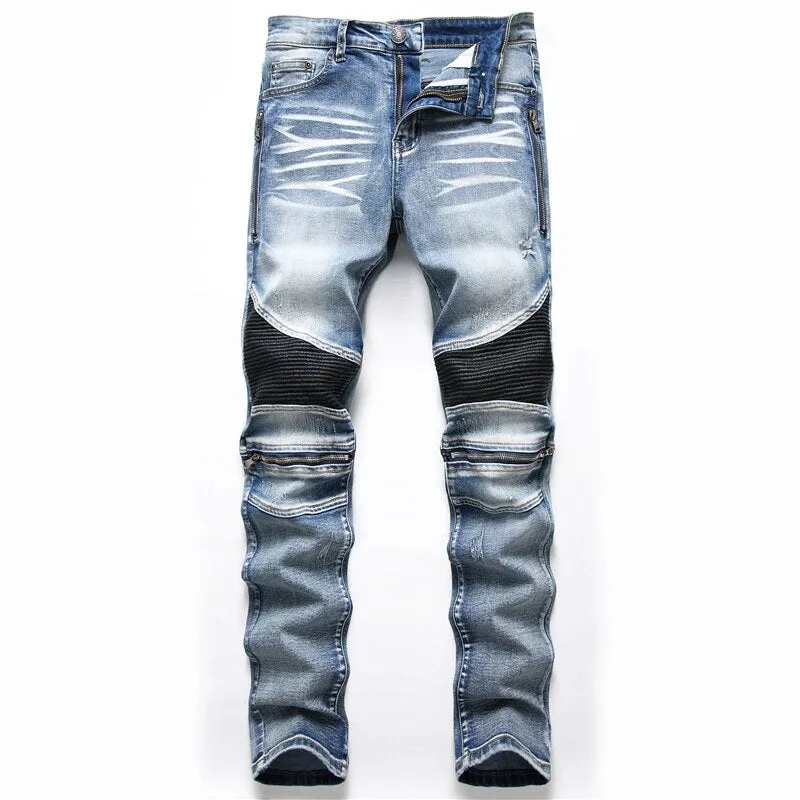 New Biker Jeans Men's Distressed Stretch Ripped  Hip Hop Slim Fit Holes Punk Denim Cotton Pants