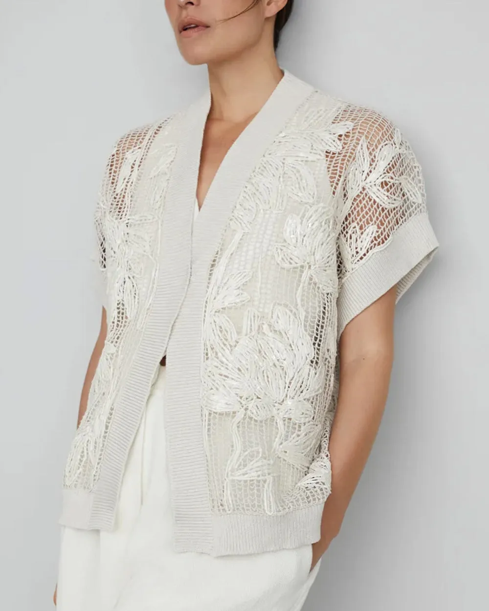 Oat Embroidered Magnolia Knit Opera Cardigan