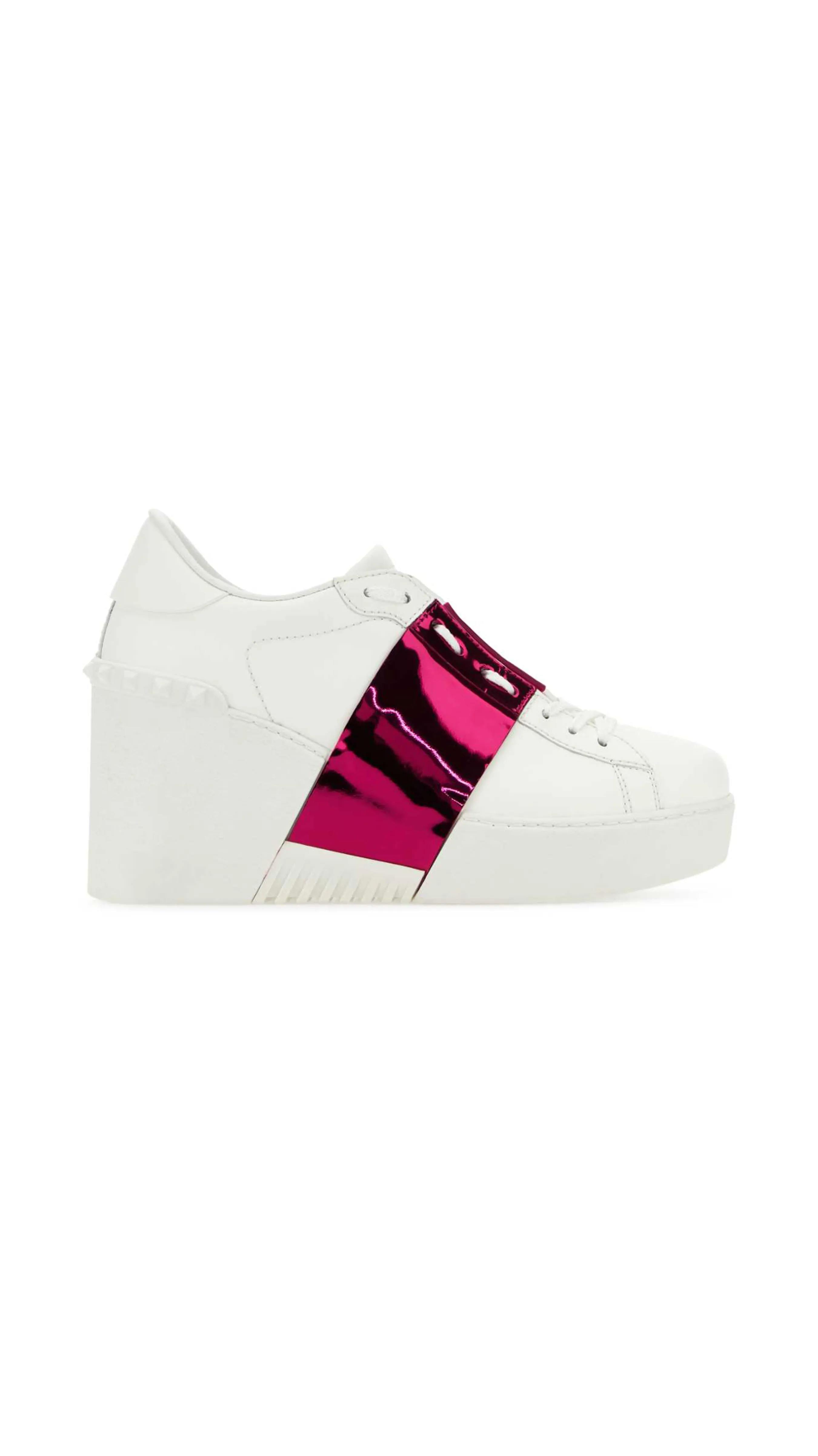 Open Disco Wedge Sneaker in Calfskin with Metallic Band 85MM - White/Pink PP